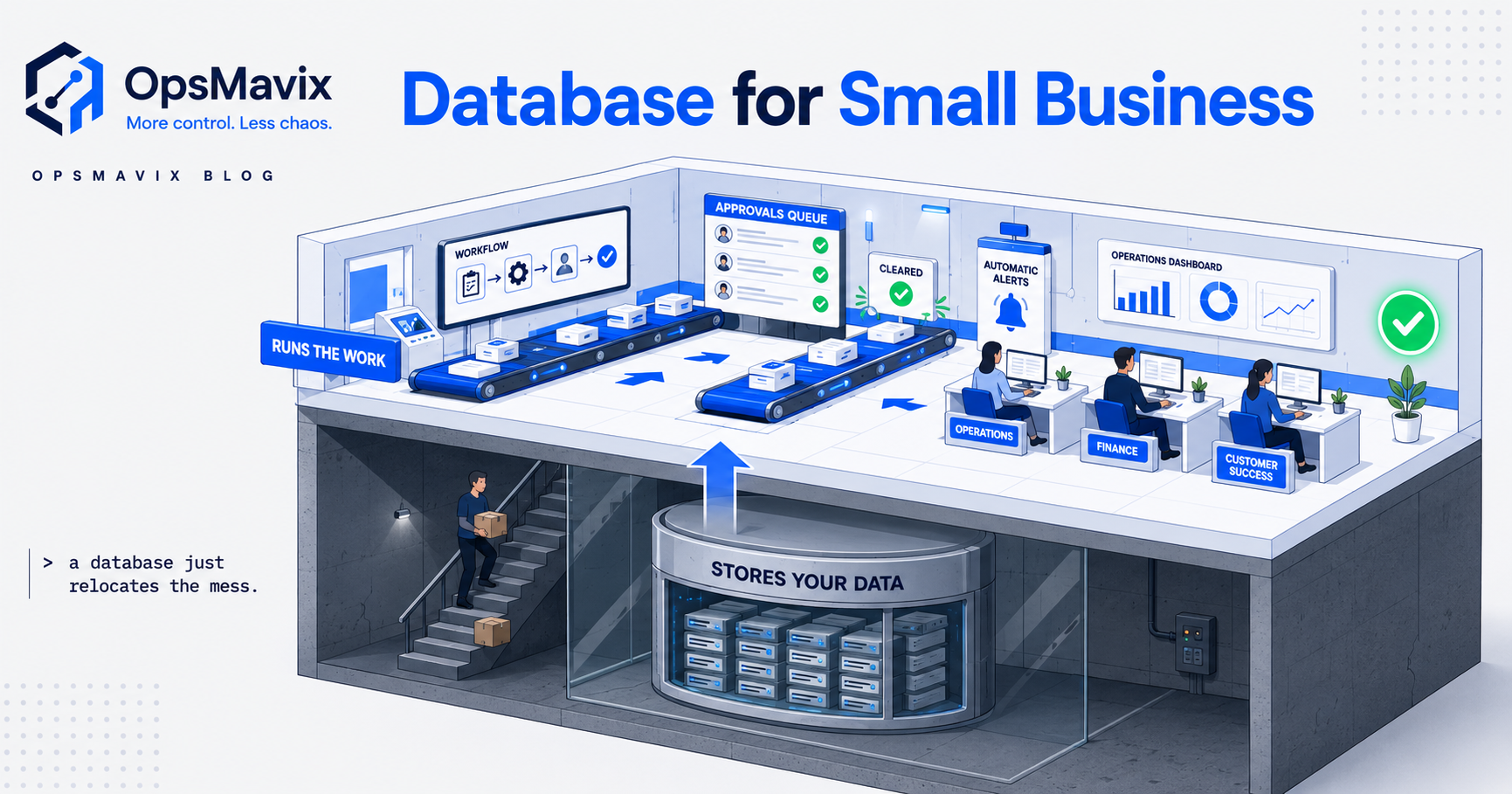 A neat single database table on one side, a working operations system with workflows and alerts on the other