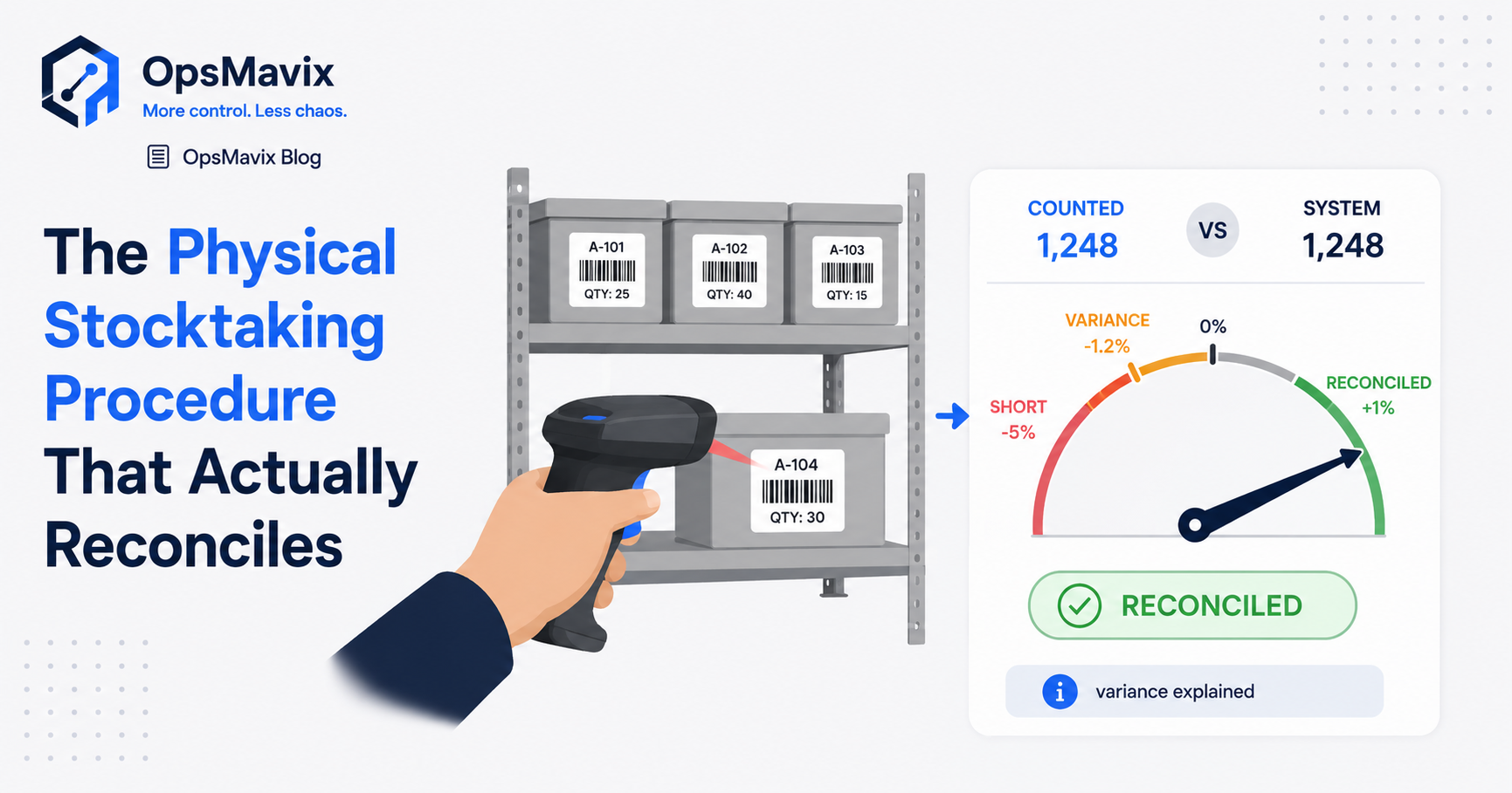 A shelf count being reconciled against a live system figure into one trusted stock number