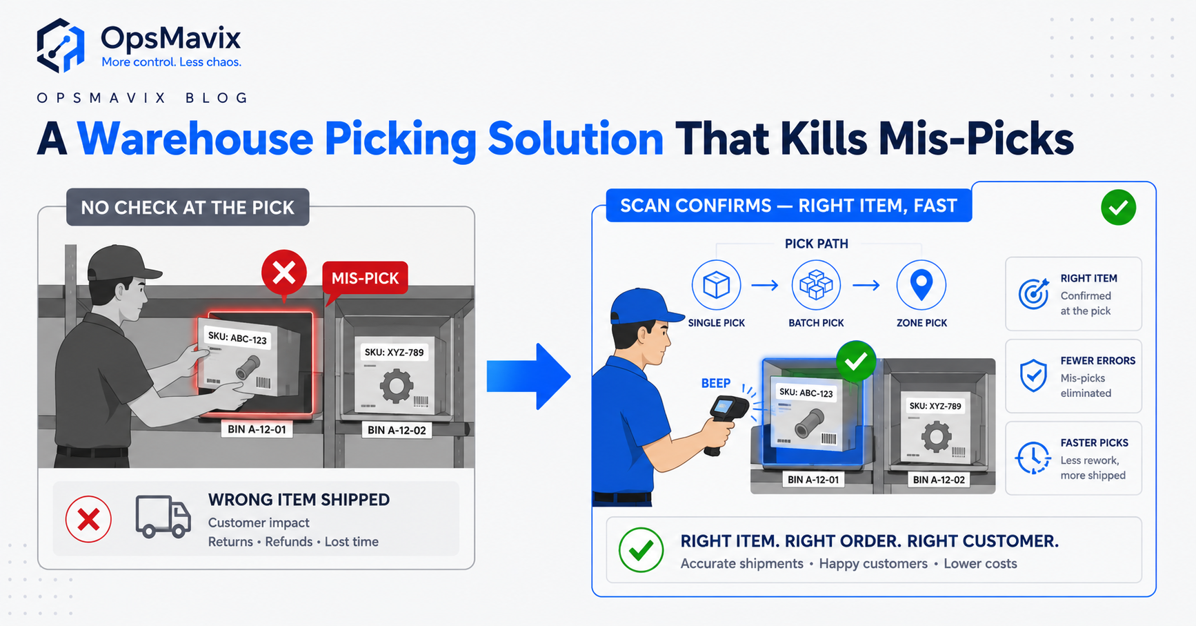 A picker comparing a generic picking app that fights the floor against a right-sized picking solution built around the real warehouse layout