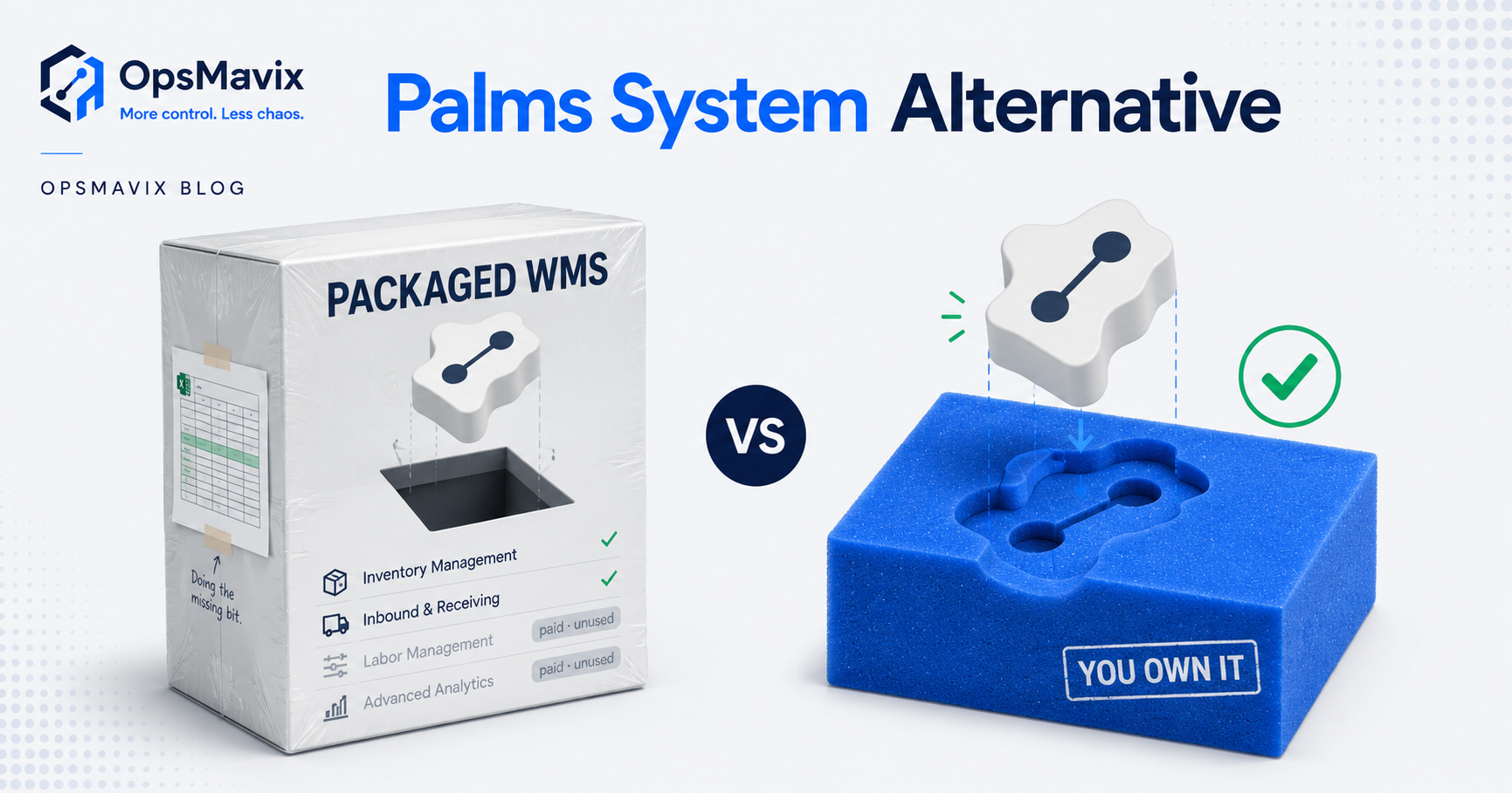 A packaged warehouse management system on one side, a custom system shaped to a real receive-pick-dispatch flow on the other