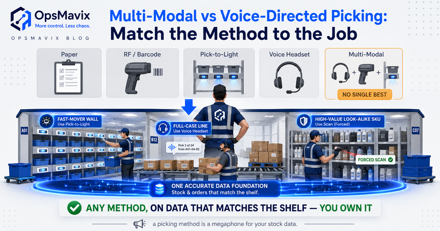 A warehouse picker comparing methods — a headset for voice-directed picking, an RF scanner and a screen-based multi-modal device shown side by side across pick zones