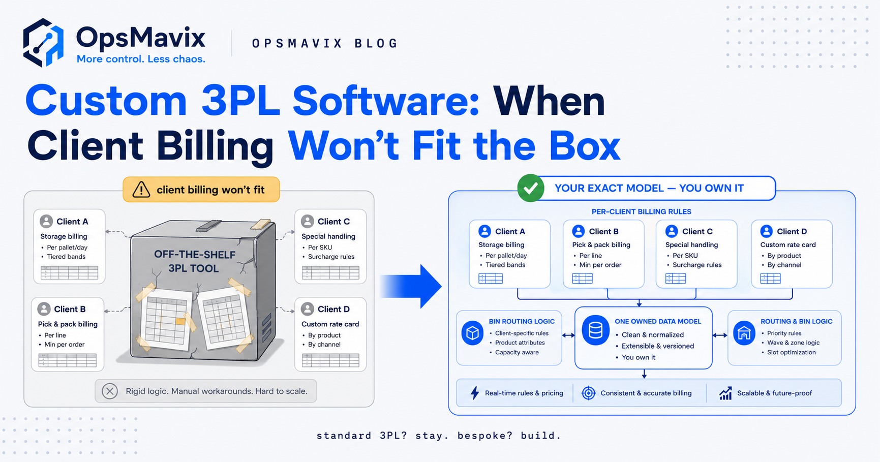 A packaged 3PL fulfilment platform with fixed billing fields on one side, a custom 3PL system modelling a fulfilment house's exact client billing and bin logic on the other