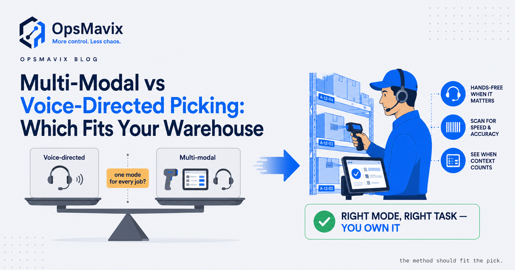A warehouse picker wearing a voice headset while glancing at a wrist-mounted screen and holding a barcode scanner.