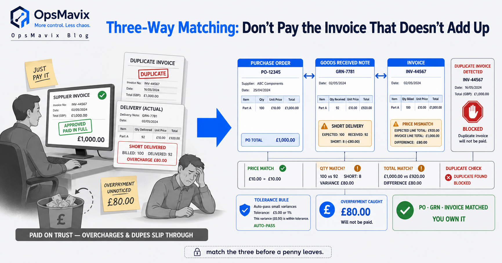 A purchase order, a goods received note and a supplier invoice lined up side by side on a matching dashboard, mismatched lines highlighted before payment