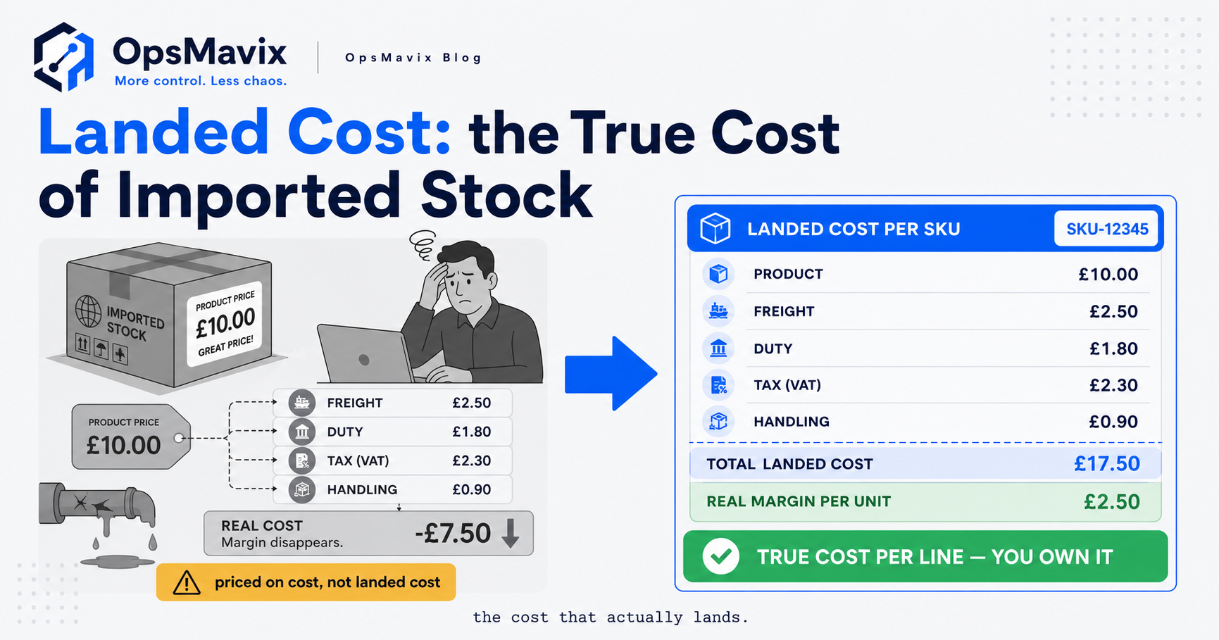 A shipping container and a stock shelf joined by a cost breakdown showing freight, duty and handling added to product price.