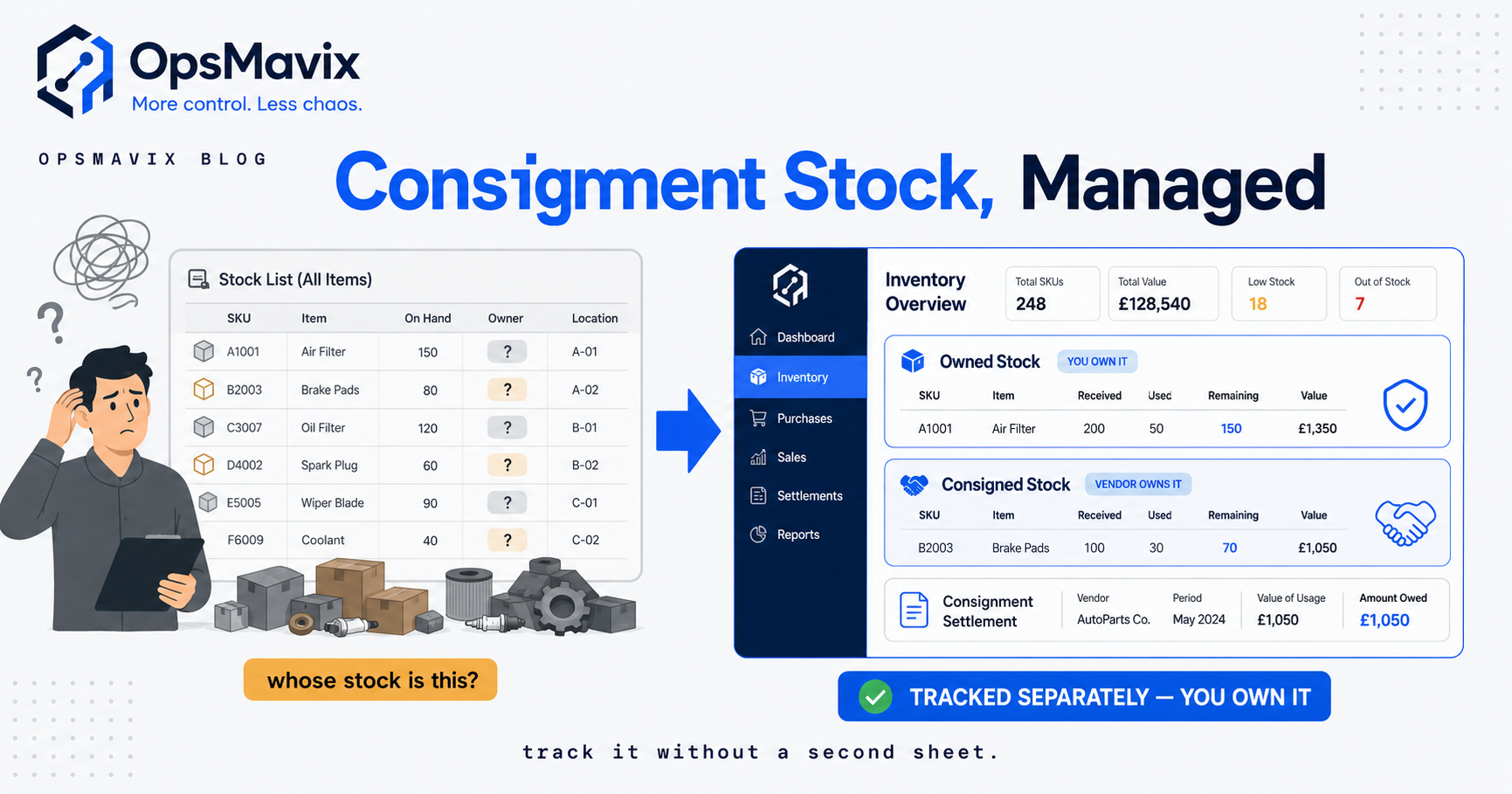 A warehouse shelf split into consigned stock still owned by the supplier and owned stock on the books, tracked as one system