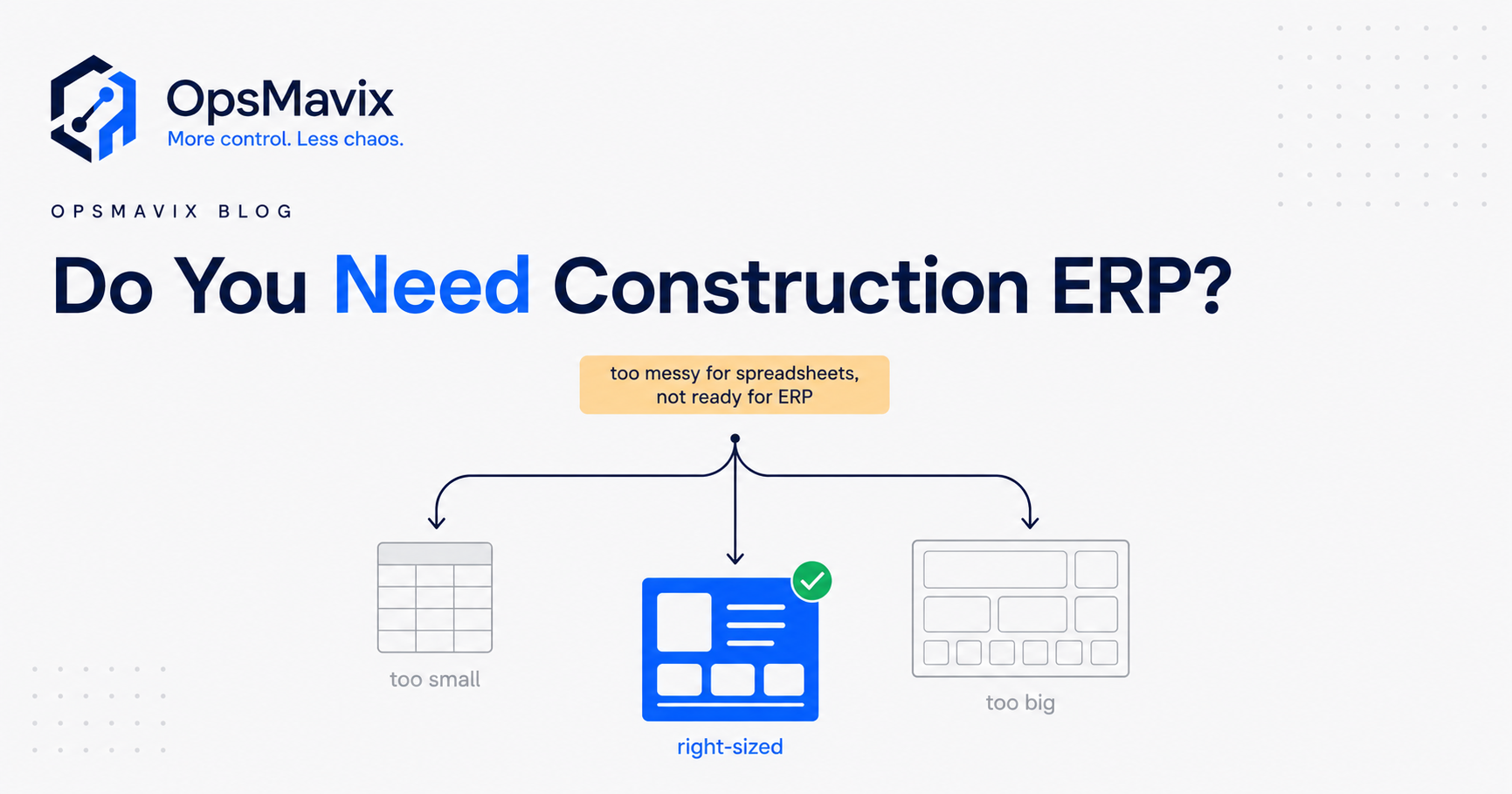 A UK construction site office weighing a stack of spreadsheets against a heavy ERP box, with a right-sized dashboard in the middle.