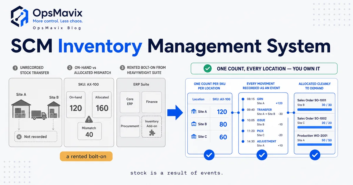 A UK distribution manager reading one live stock figure per SKU per location while goods-in, picks, transfers and sales orders all update the same master count.