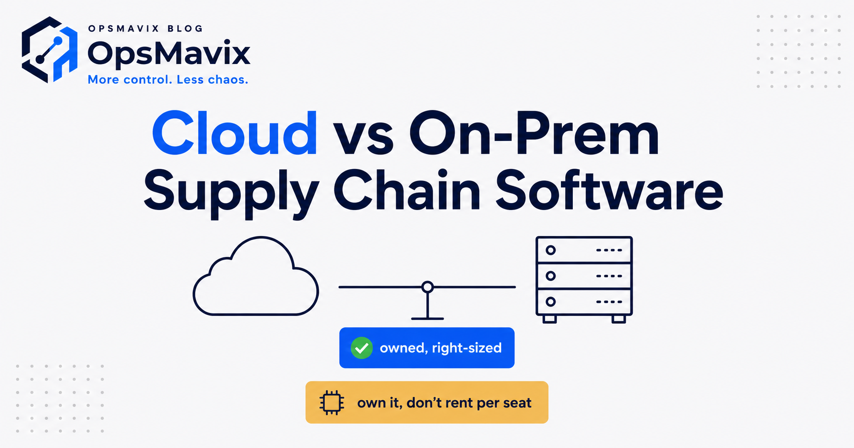 A split illustration contrasting cloud-hosted and on-premise supply chain software for a UK SMB.