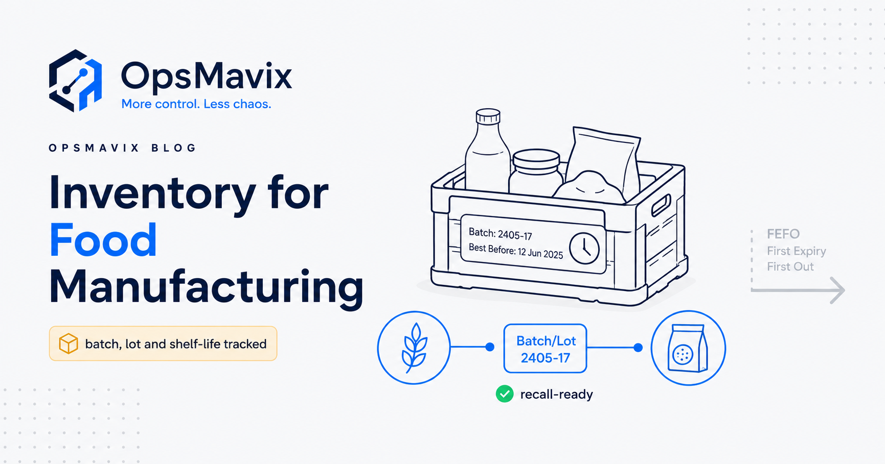 A food production line where every finished pallet carries a lot code that traces back to the raw ingredients, supplier and batch it was made from.