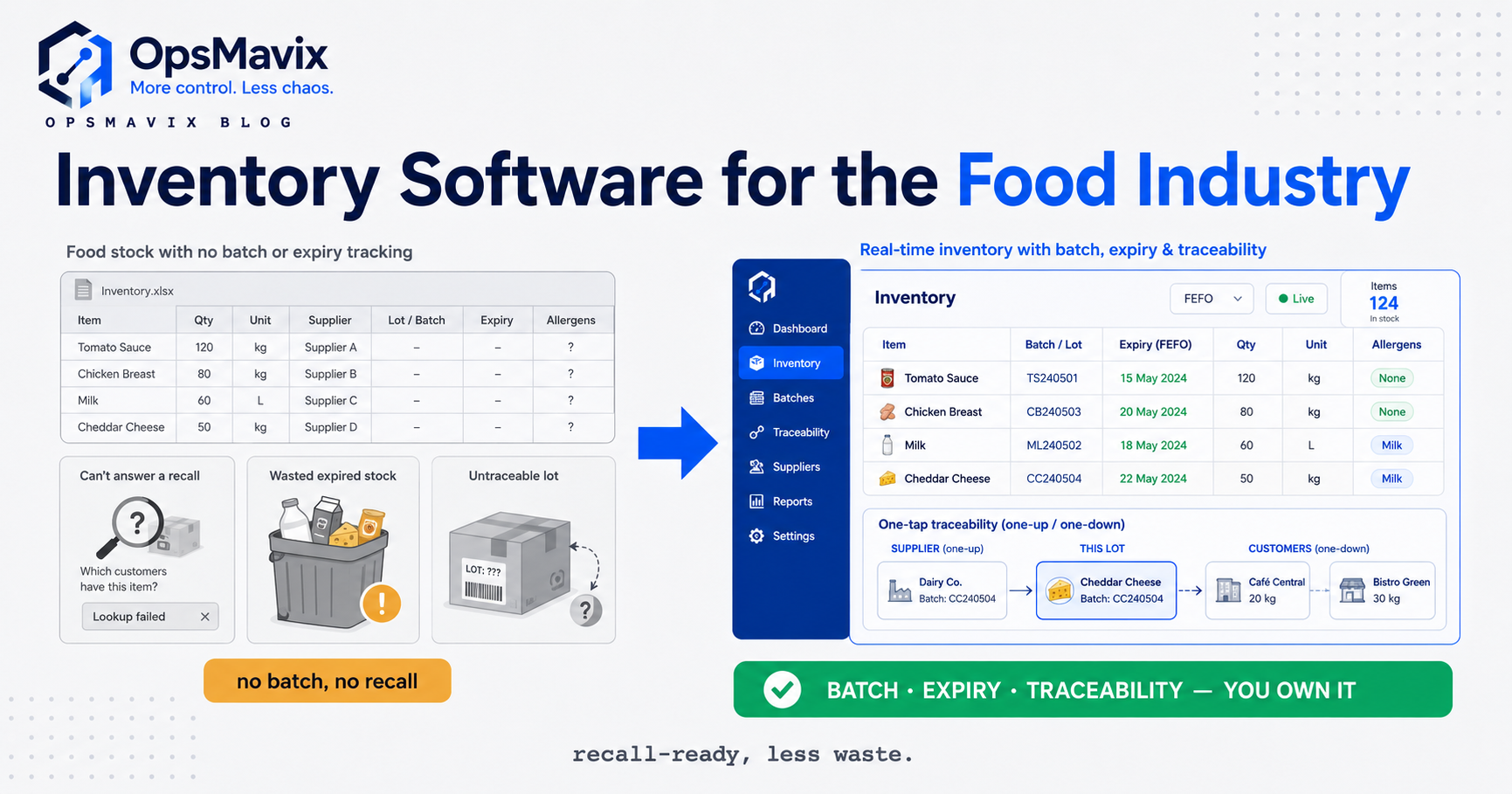 Before: food stock tracked on spreadsheets with no batch or expiry visibility. After: one owned system showing batches, shelf-life and full one-up one-down traceability.