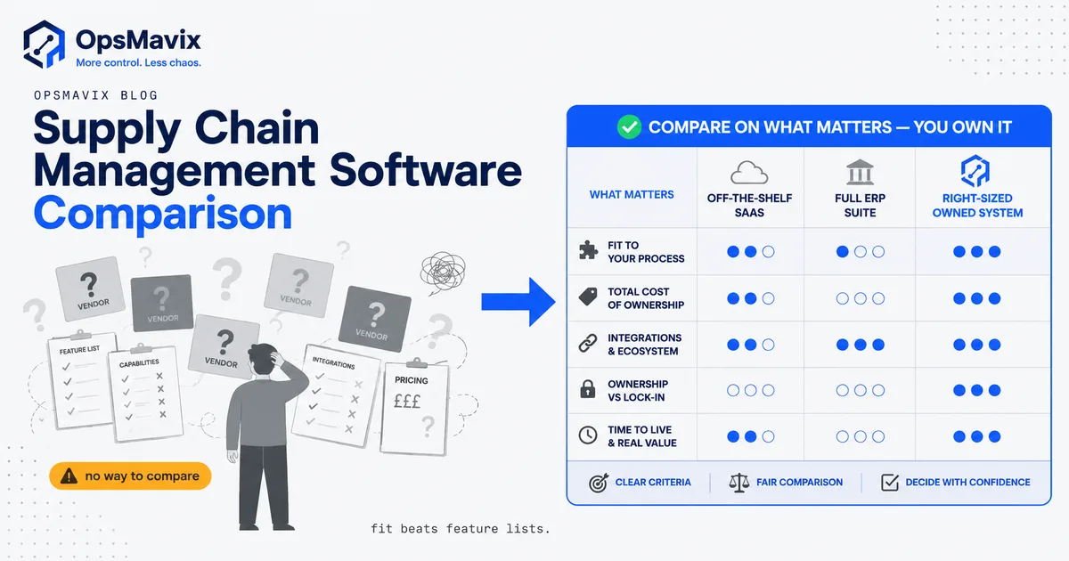 A UK operations lead weighing three supply chain software options on a balance — off-the-shelf SaaS, a full ERP, and a right-sized owned system.