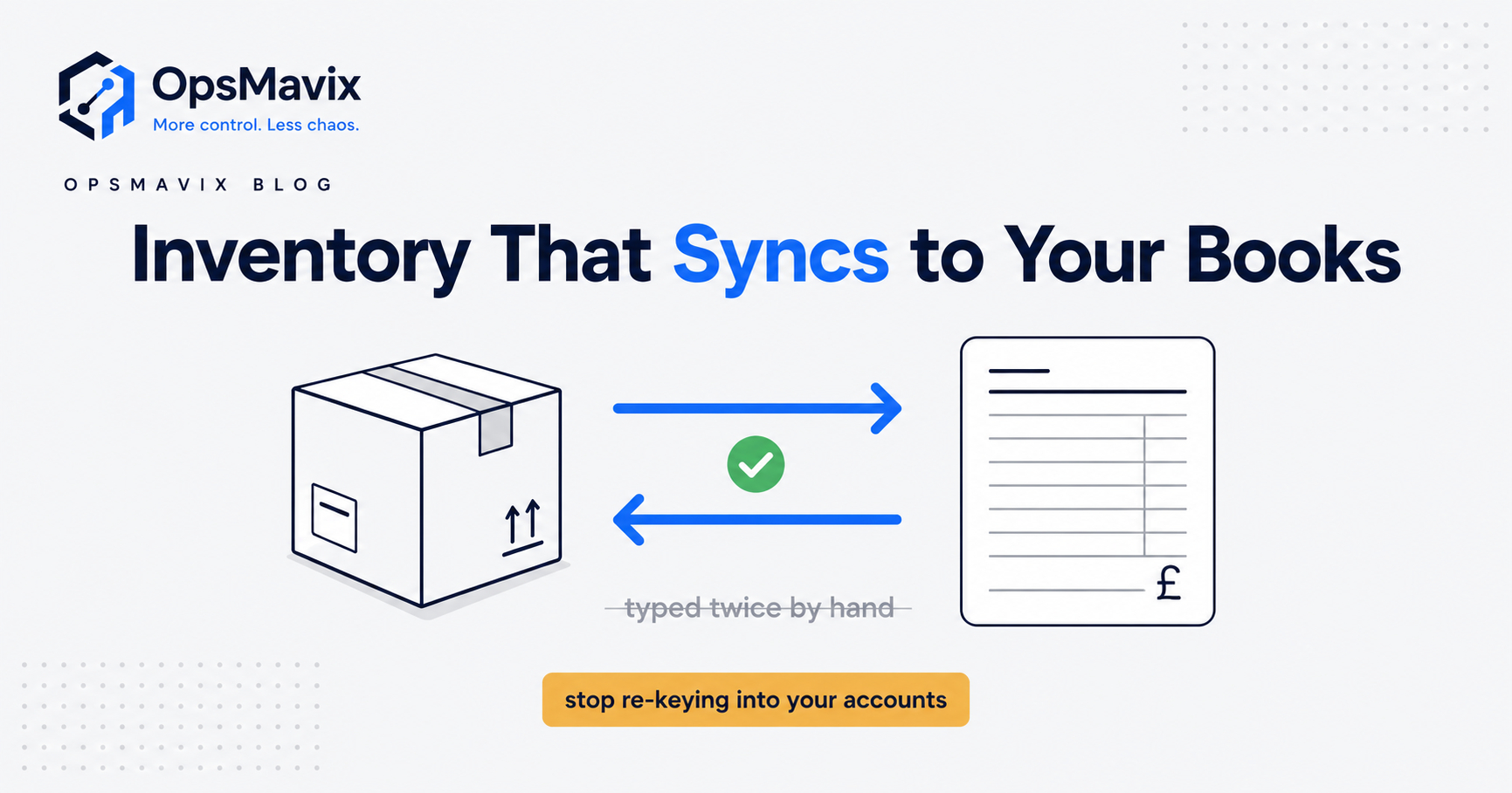 An inventory system holding one true stock figure on one side, feeding COGS and stock valuation into a QuickBooks ledger on the other