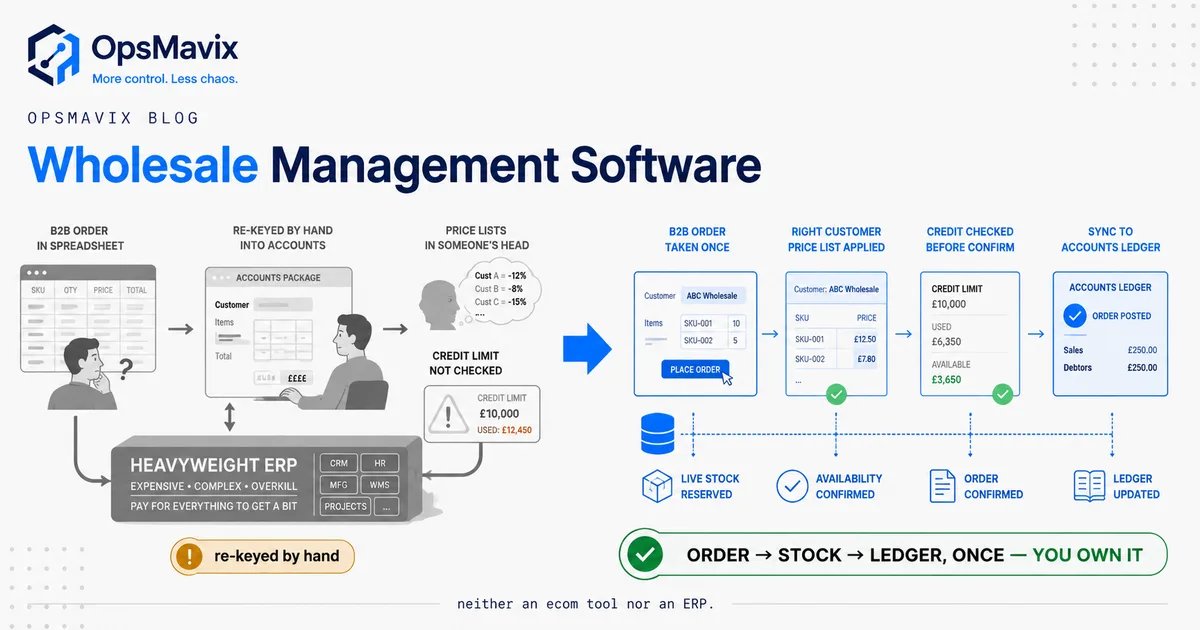A UK wholesale office where one order flows straight from a customer's email into pricing, stock and Xero without anyone copy-pasting it into a spreadsheet.