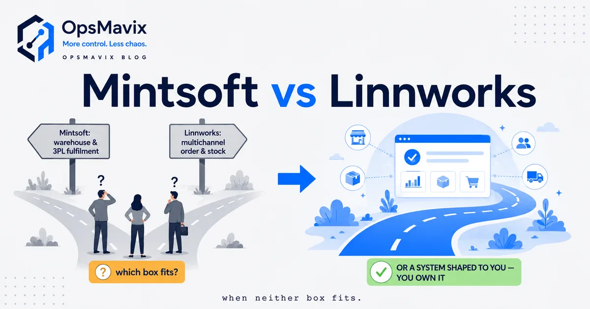 Two operational paths diverging — one signposted for a warehouse fulfilling orders for many clients, one for a single brand selling across many marketplaces.