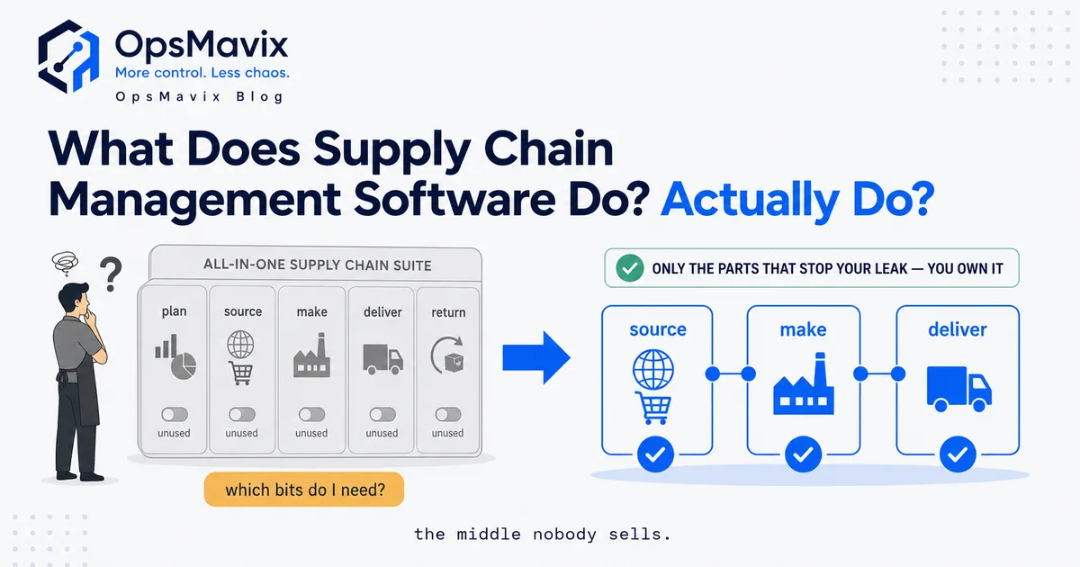 A UK operations manager watching one live figure move across five linked supply-chain stages — plan, source, make, deliver, return — on a single screen instead of five spreadsheets.