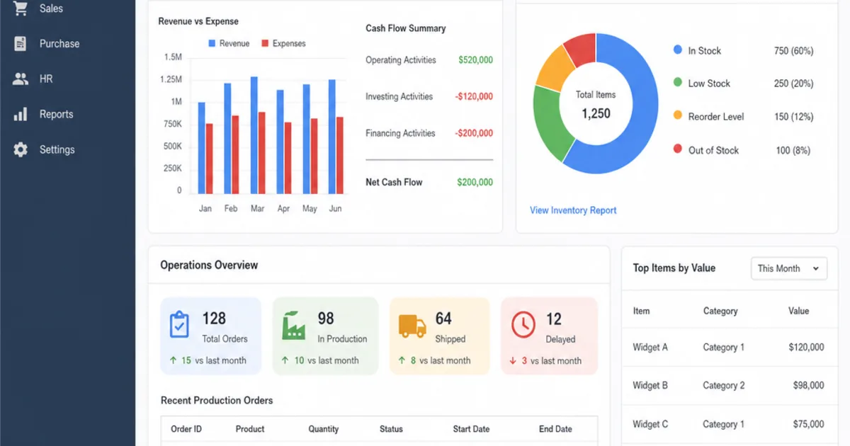 A finance and operations team reviewing connected stock, order and cashflow figures on one shared screen instead of separate spreadsheets.