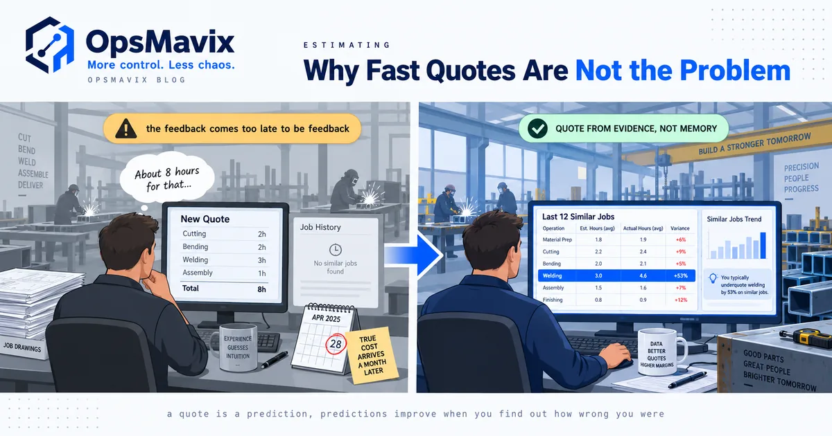 An estimator quoting a fabrication job with last year's actual hours for similar work on screen beside the estimate.