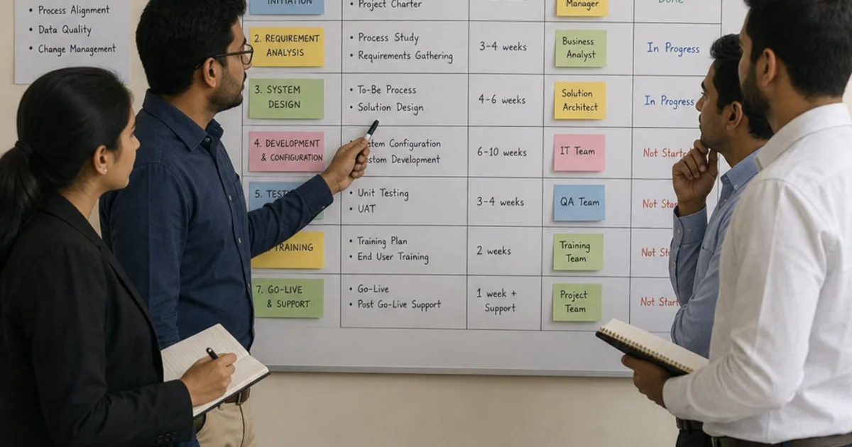 An operations and finance team gathered around a shared screen during an ERP rollout, checking migrated stock, order and ledger data against printed process notes.