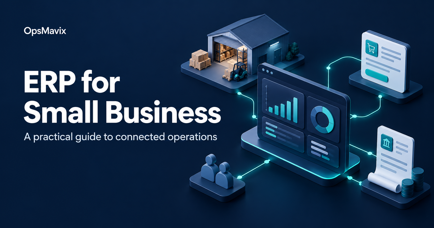 OpsMavix ERP for small business illustration showing a dashboard connected to warehouse, sales and finance.