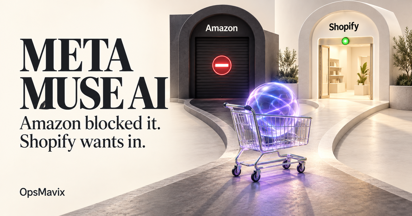 AI shopping cart between a closed Amazon entrance and an open Shopify storefront, illustrating their contrasting approaches to Meta Muse.