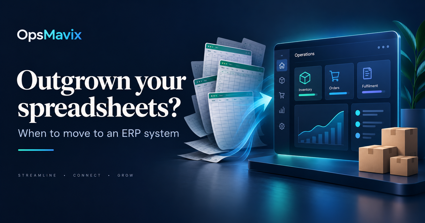 Spreadsheet sheets transitioning into an operations dashboard for inventory, orders and fulfilment.