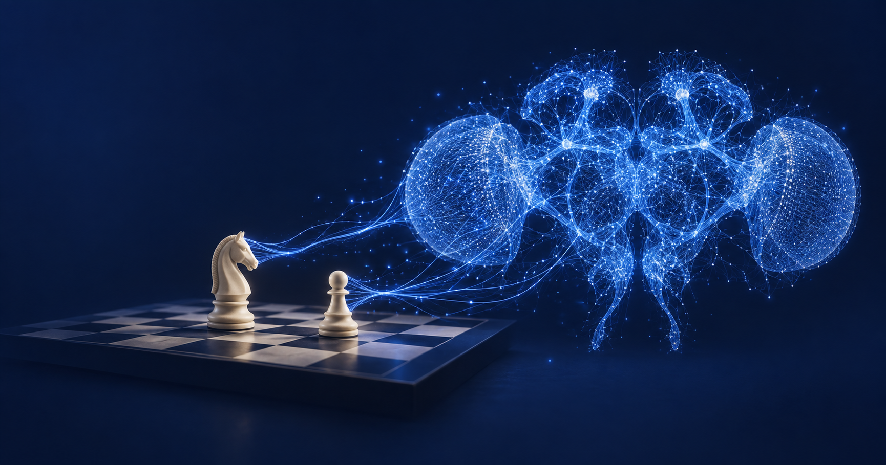 A white chess knight and pawn wired by glowing blue neural threads into a fruit fly brain connectome on a deep navy background