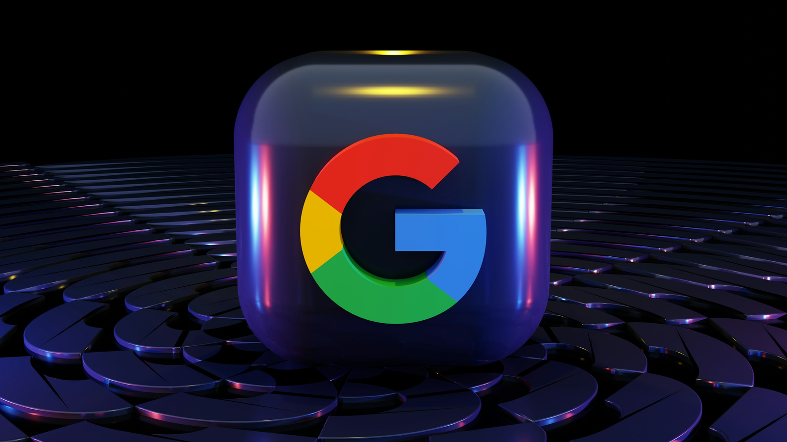 Glowing Google G logo on a dark 3D stage
