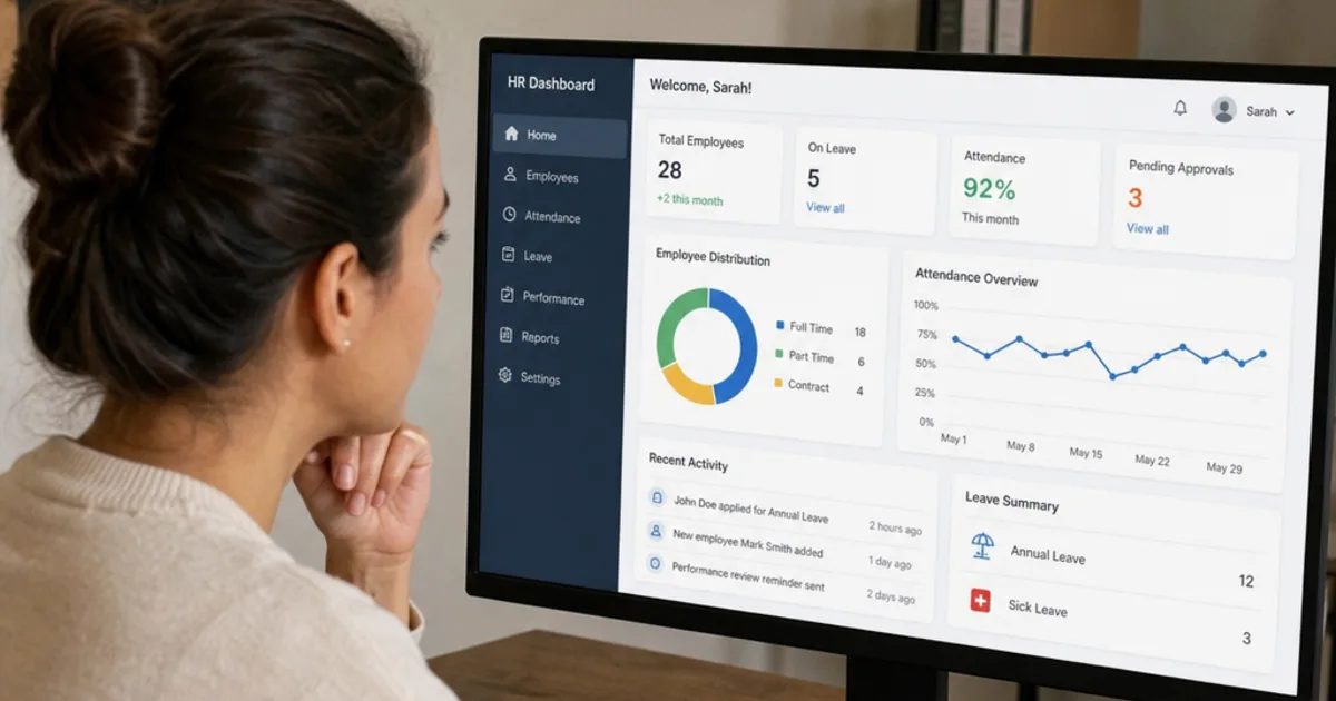 A small business owner and an office manager reviewing an HR dashboard on a laptop, with new starter documents and a holiday calendar open beside them.