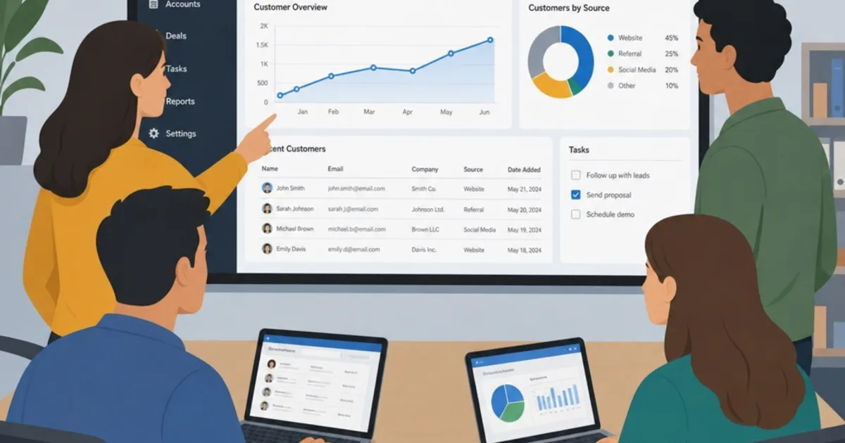 A sales team gathered around a wall screen showing a shared customer pipeline, with laptops and a tablet open on the table beside them.