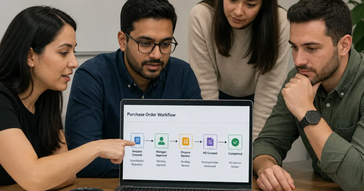 A buyer at a desk raising a purchase order on screen, with supplier quotes, a budget sheet and an approval checklist spread across the workspace.