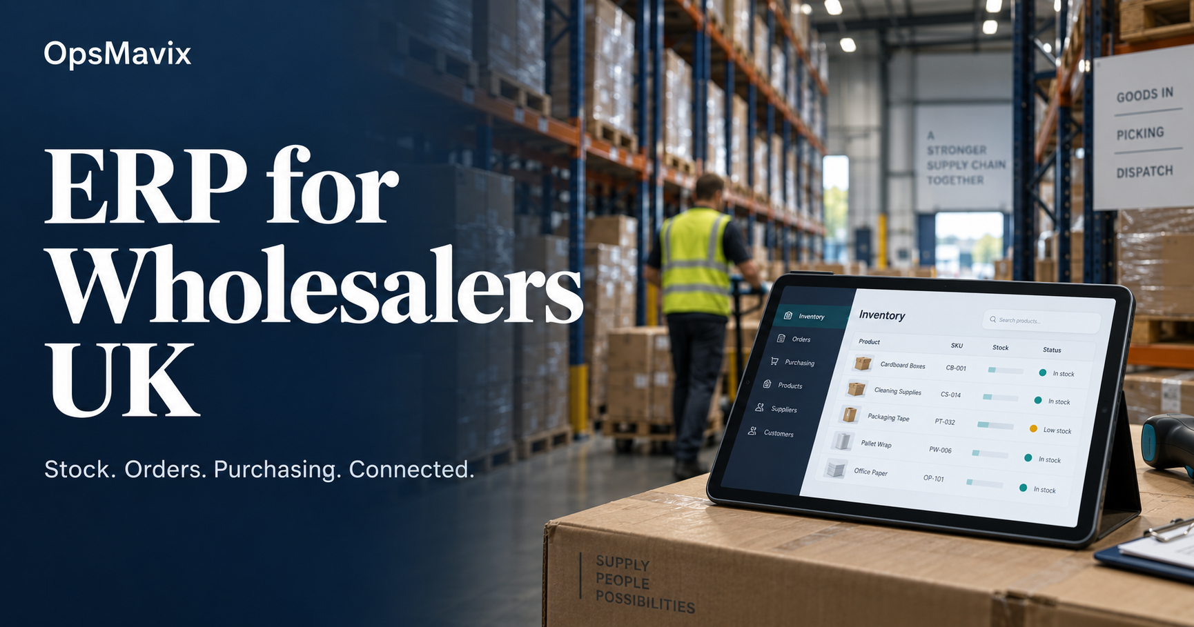 Wholesale warehouse with a tablet displaying inventory software, alongside OpsMavix branding and “ERP for Wholesalers UK