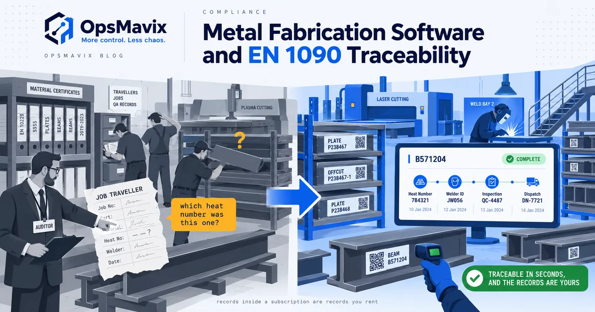 A steel fabrication shop where every heat number, weld and welder ID is traceable from goods-in to dispatch on one live screen.