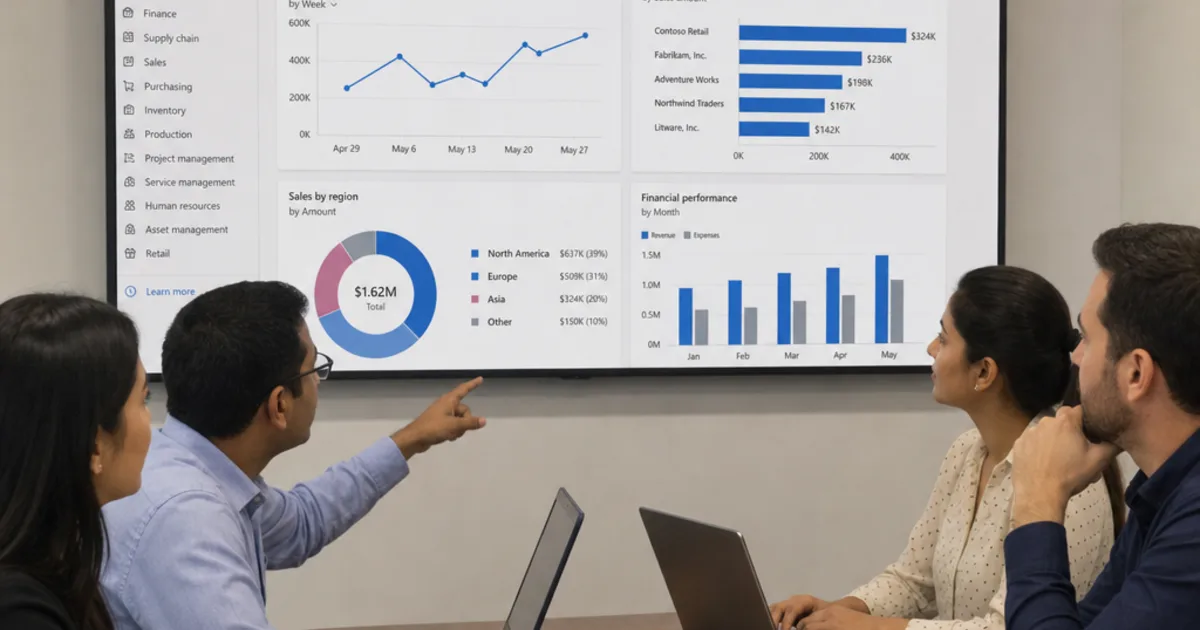 A finance and operations manager reviewing connected ledger, stock and order figures on a single dashboard rather than separate exported reports.