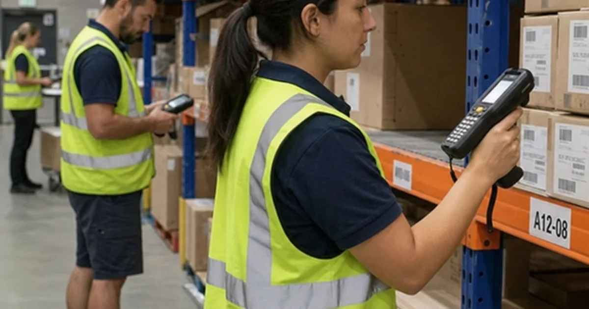 A warehouse team using handheld scanners beside racking, capturing stock moves at the point of work.