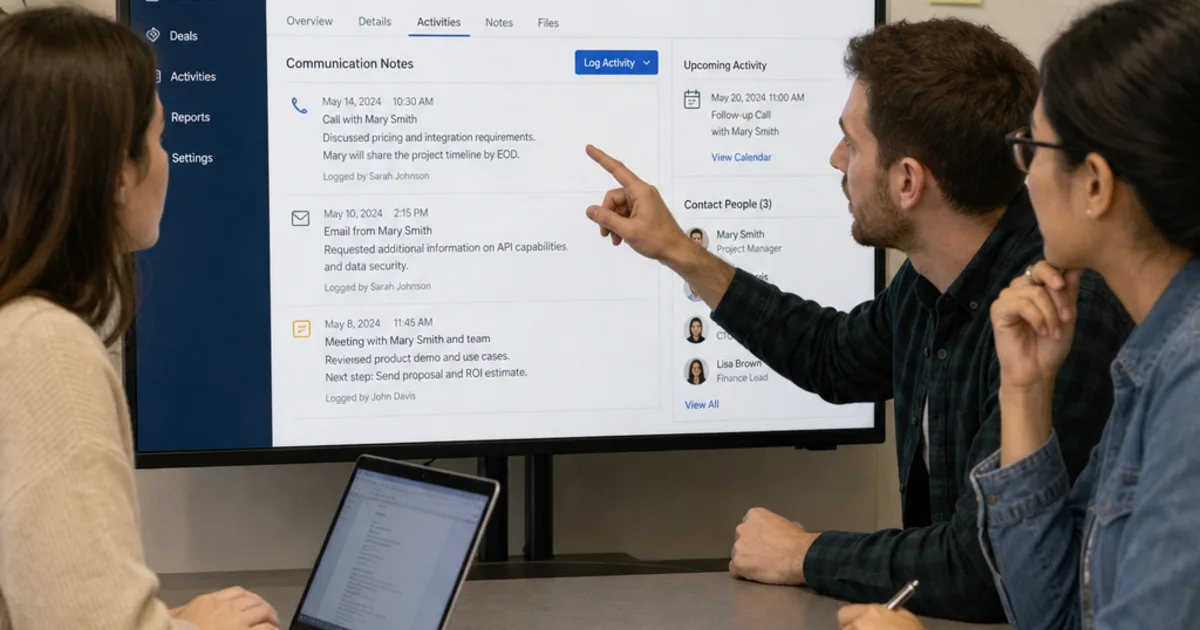 An account manager at a desk with a client record open on one screen and a follow-up task list on the other, notepad beside the keyboard.