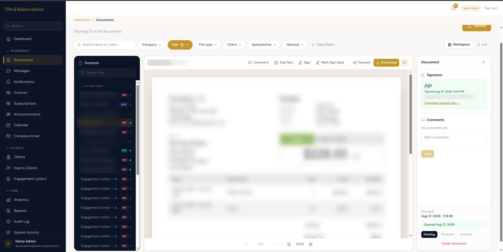 The document workspace in the client portal, with folders, signing, comments and review status