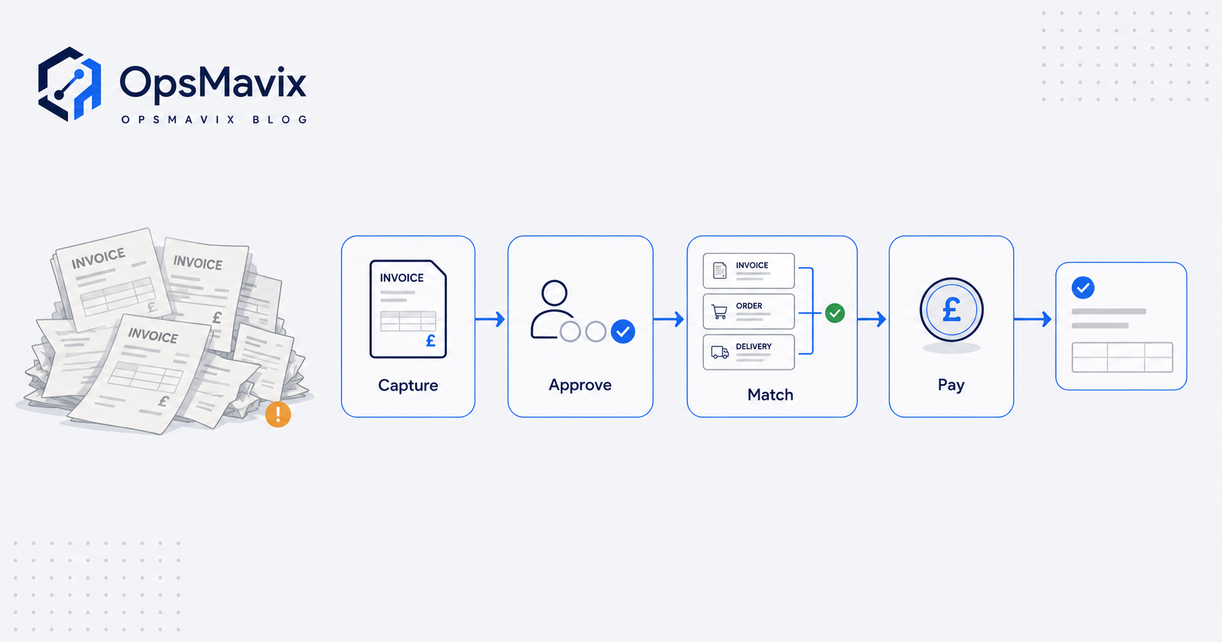 A supplier invoice moving left to right through four connected stages, capture, approval, matching and payment, ending on one clean record, beside a grey pile of re-keyed paper invoices