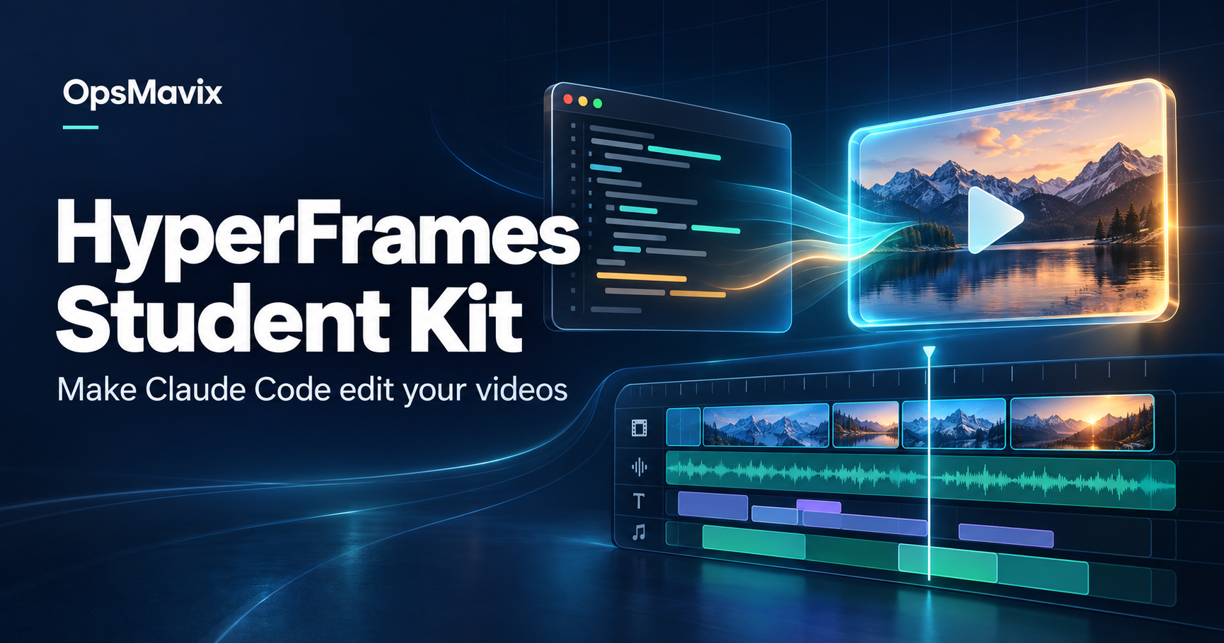 OpsMavix graphic showing code transforming into a video preview and editing timeline for the HyperFrames Student Kit.