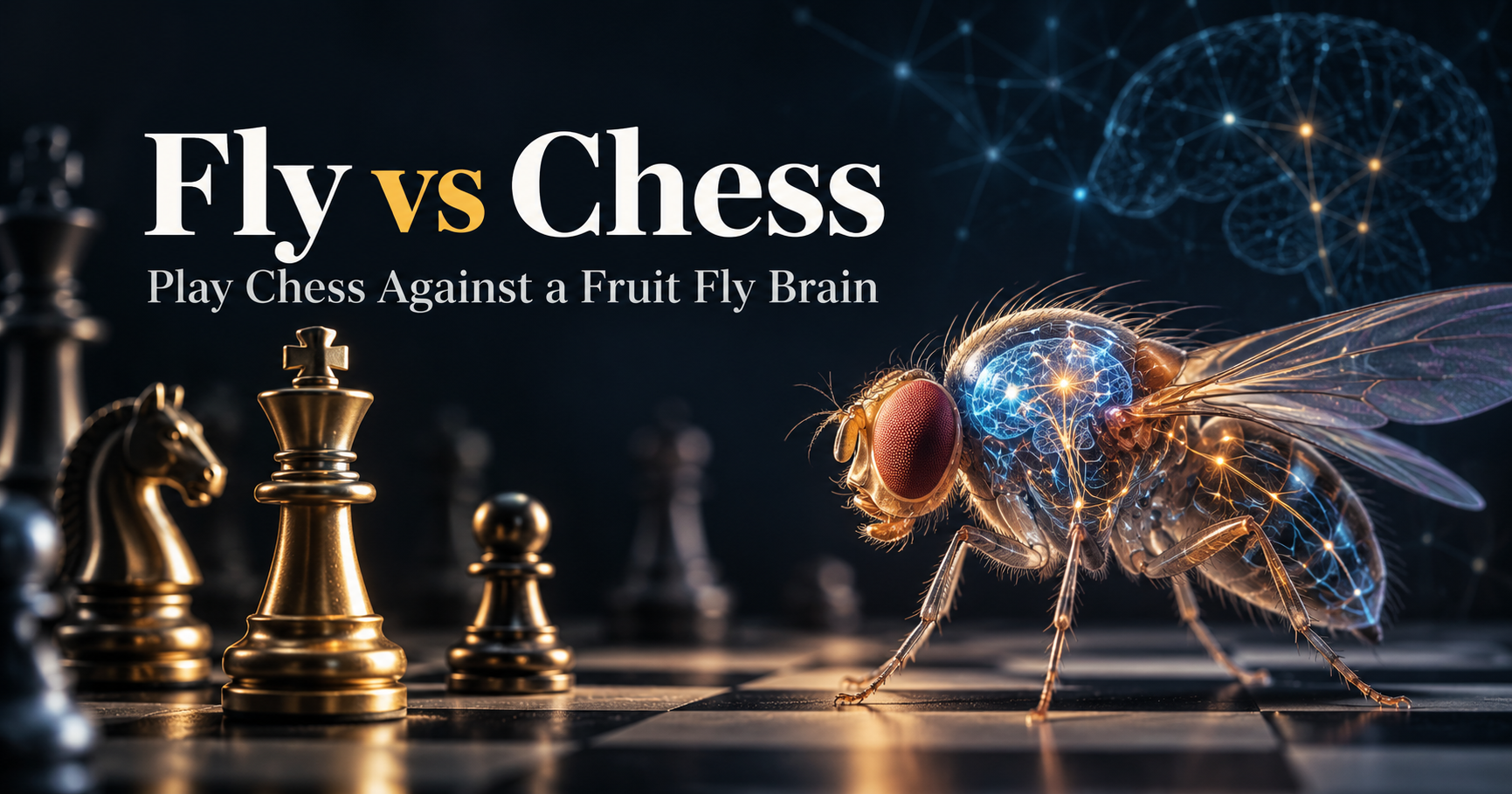 Fly vs Chess showing a chessboard against a digital fruit fly opponent