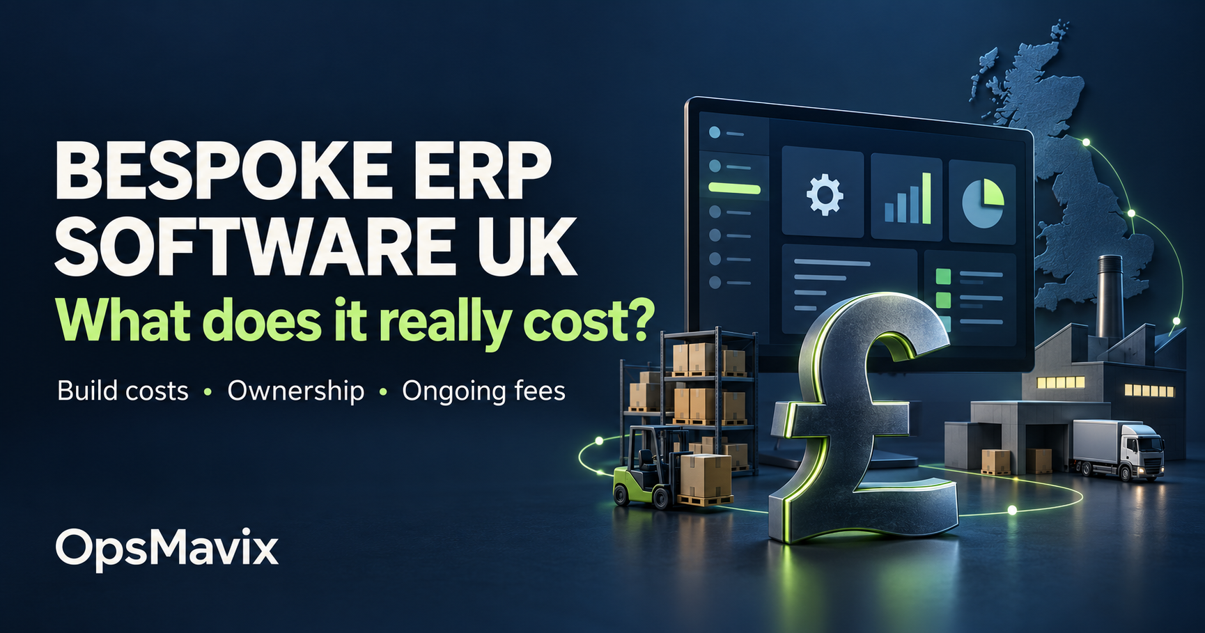 Bespoke ERP software UK cost guide by OpsMavix, showing an ERP dashboard, warehouse, factory and pound symbol.