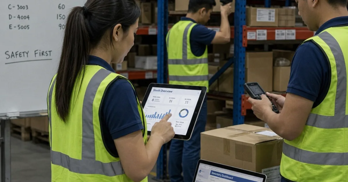 A warehouse aisle with labelled bin locations, a handheld scanner in use and pick lists moving between zones.
