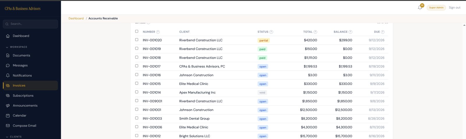 Invoice list in the client portal showing partial, paid, open and void invoices