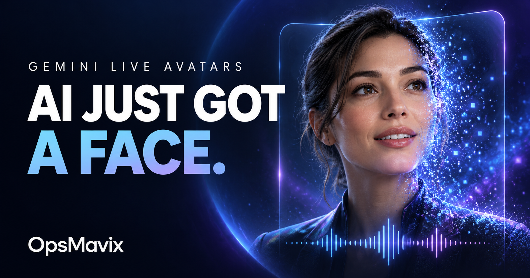 Concept illustration of a digital AI avatar beside “AI Just Got a Face” text, with OpsMavix branding.