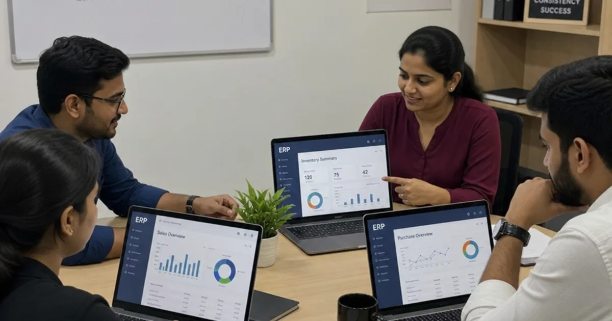 An operations manager reviewing an open source ERP dashboard on an office screen, with stock levels, purchase orders and production jobs side by side.