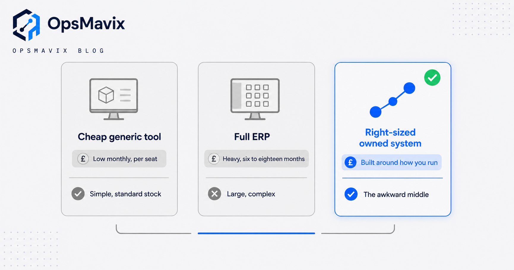 Three side-by-side option cards for a UK inventory buyer, a cheap generic tool, a full ERP, and a right-sized owned system, with the owned system highlighted for the awkward middle