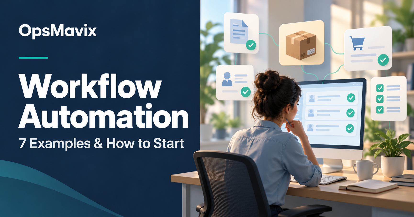 Workflow automation illustration showing connected orders, approvals and tasks beside an operations dashboard.