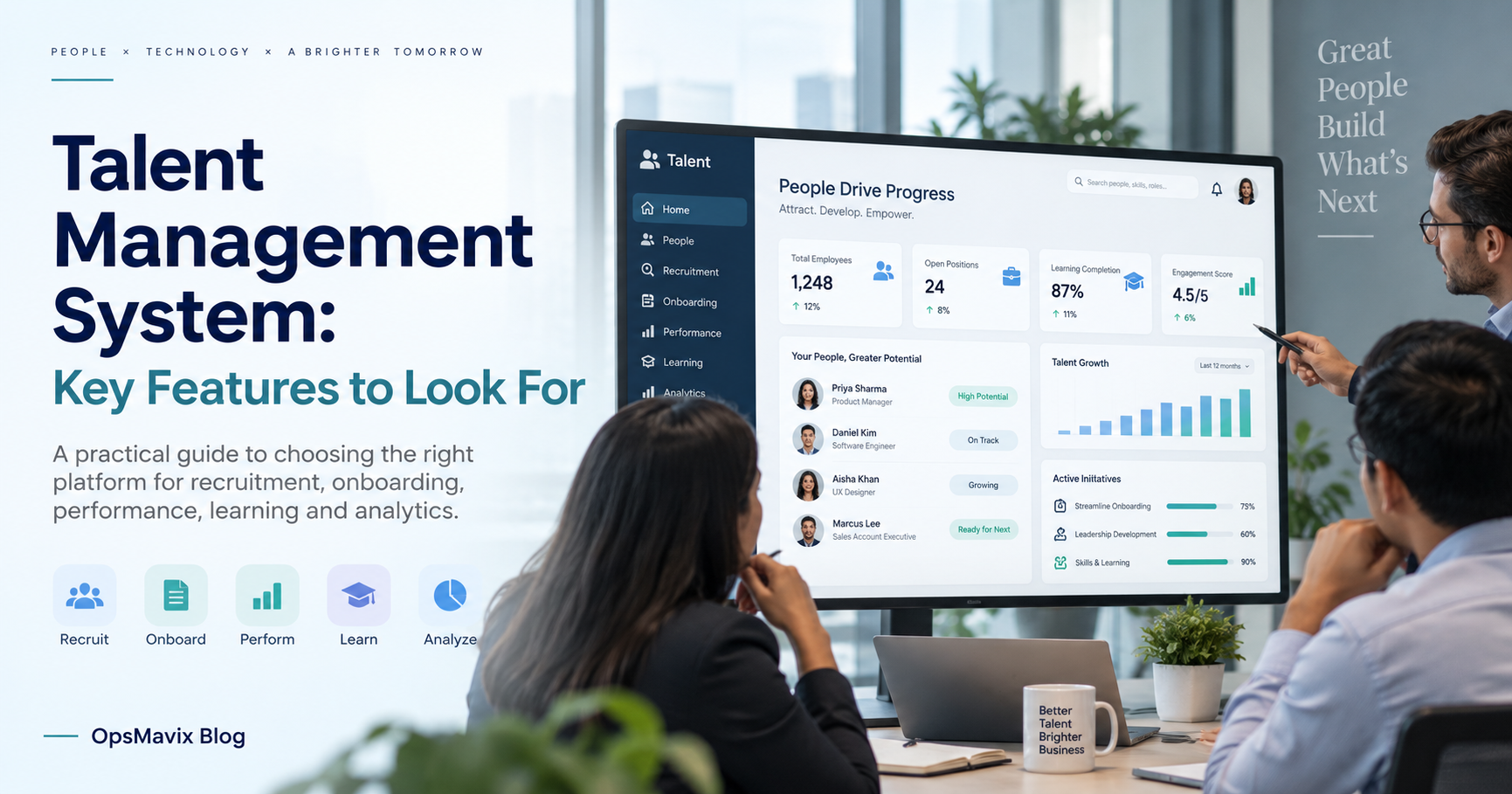 Talent management system dashboard showing recruitment, onboarding, performance, learning and employee analytics features for HR teams.
