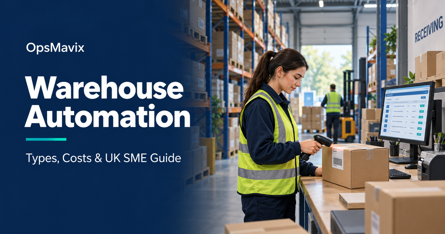 Warehouse automation guide showing barcode scanning and inventory software in a warehouse.