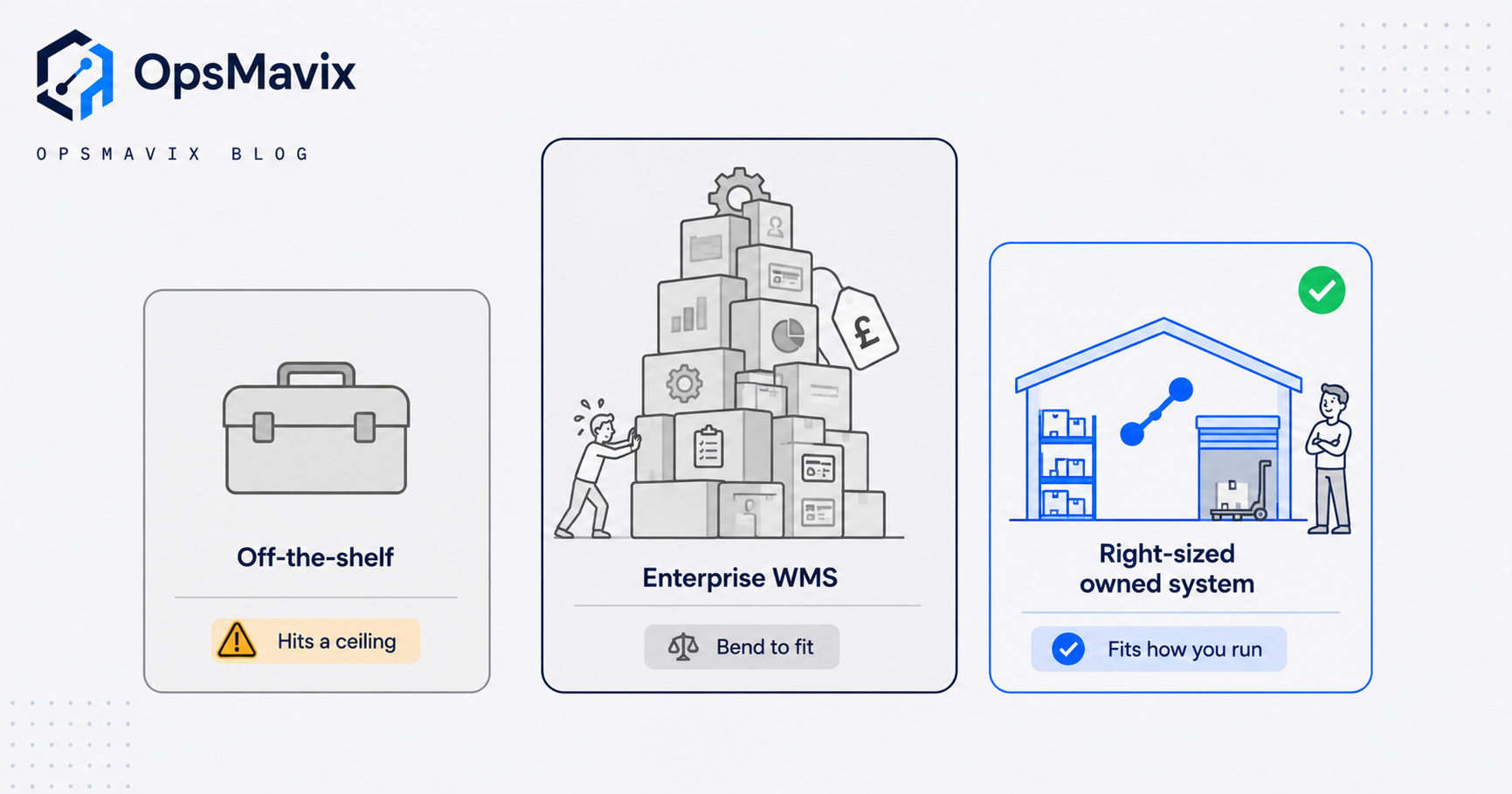 Three warehouse software options side by side: a cheap off-the-shelf tool, a heavy enterprise WMS, and a right-sized owned system fitted to the operation.